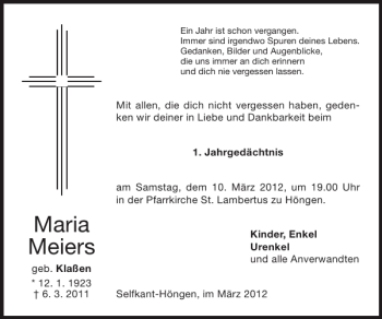 Traueranzeige von Maria Meiers von Super Sonntag / Super Mittwoch