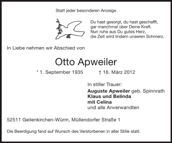 Traueranzeige von Otto Apweiler von Super Sonntag / Super Mittwoch