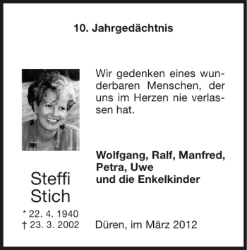 Traueranzeige von Steffi Stich von Super Sonntag / Super Mittwoch