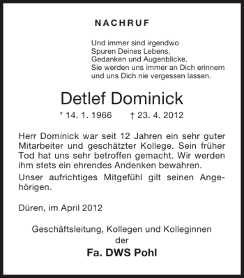 Traueranzeige von Detlef Dominick von Super Sonntag / Super Mittwoch