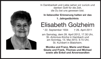 Traueranzeige von Elisabeth Golzheim von Super Sonntag / Super Mittwoch