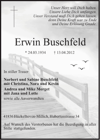 Traueranzeige von Erwin Buschfeld von Super Sonntag / Super Mittwoch
