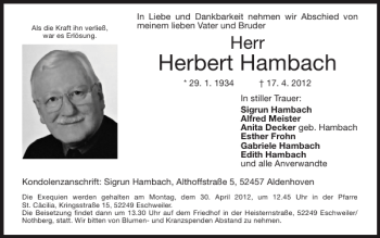 Traueranzeige von Herbert Hambach von Super Sonntag / Super Mittwoch