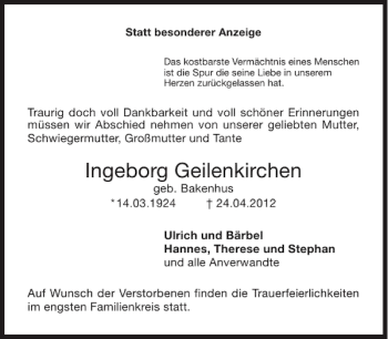 Traueranzeige von Ingebo rg Geilenkirchen von Aachener Zeitung / Aachener Nachrichten