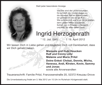 Traueranzeige von Ingrid Herzogenrath von Super Sonntag / Super Mittwoch