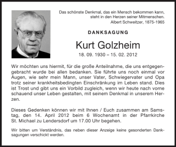 Traueranzeige von Kurt Golzheim von Super Sonntag / Super Mittwoch