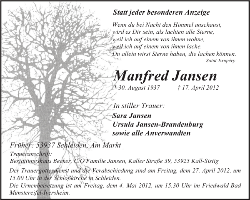  Traueranzeige für Manfred Jansen vom 24.04.2012 aus Aachener Zeitung / Aachener Nachrichten