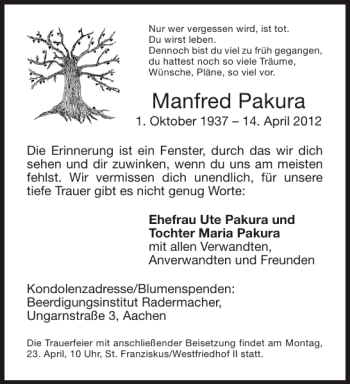Traueranzeige von Manfred Pakura von Aachener Zeitung / Aachener Nachrichten