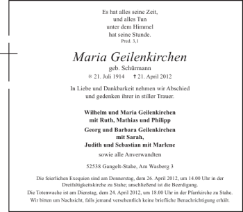 Traueranzeige von Maria Geilenkirchen von Aachener Zeitung / Aachener Nachrichten