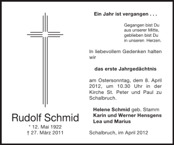 Traueranzeige von Rudolf Schmid von Super Sonntag / Super Mittwoch