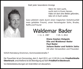 Traueranzeige von Waldemar Bader von Super Sonntag / Super Mittwoch