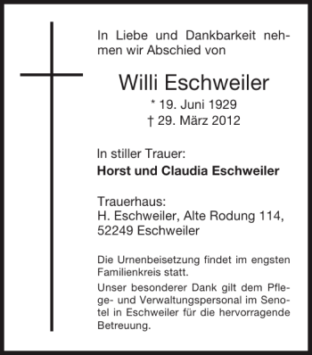 Traueranzeige von Willi Eschweiler von Super Sonntag / Super Mittwoch