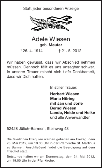 Traueranzeige von Adele Wiesen von Aachener Zeitung / Aachener Nachrichten