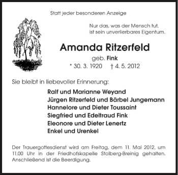 Traueranzeige von Amanda Ritzerfeld von Aachener Zeitung / Aachener Nachrichten