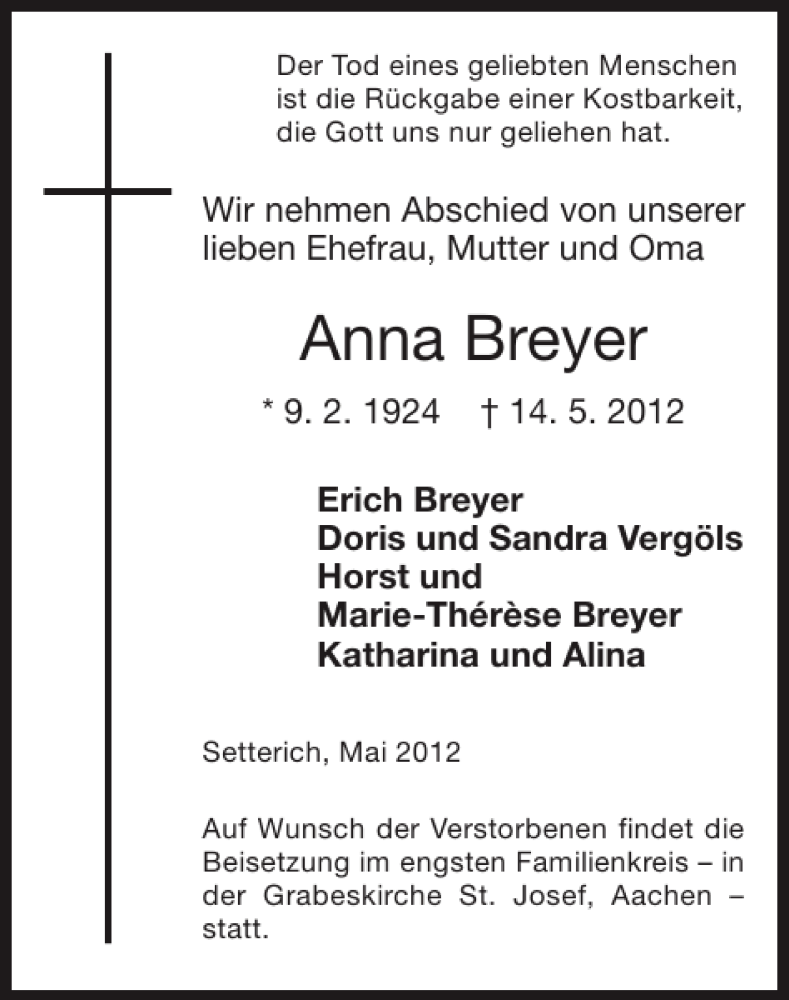  Traueranzeige für Anna Breyer vom 23.05.2012 aus Super Sonntag / Super Mittwoch