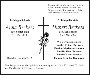 Traueranzeige von Anna Beckers Hubert Beckers von Super Sonntag / Super Mittwoch