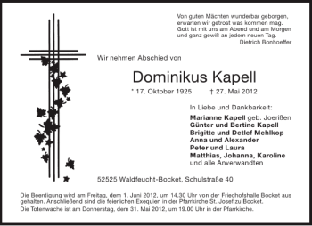 Traueranzeige von Dominikus Kapell von Aachener Zeitung / Aachener Nachrichten