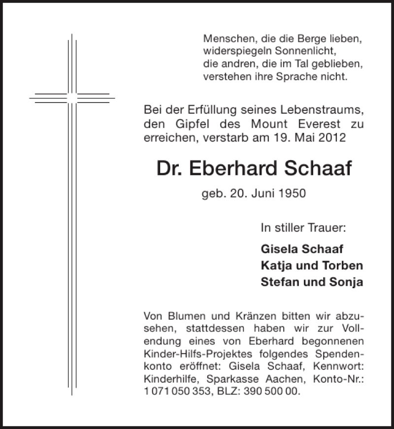  Traueranzeige für Dr. Eberhard Schaaf vom 26.05.2012 aus Aachener Zeitung / Aachener Nachrichten