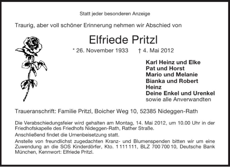  Traueranzeige für Elfriede Pritzl vom 12.05.2012 aus Aachener Zeitung / Aachener Nachrichten