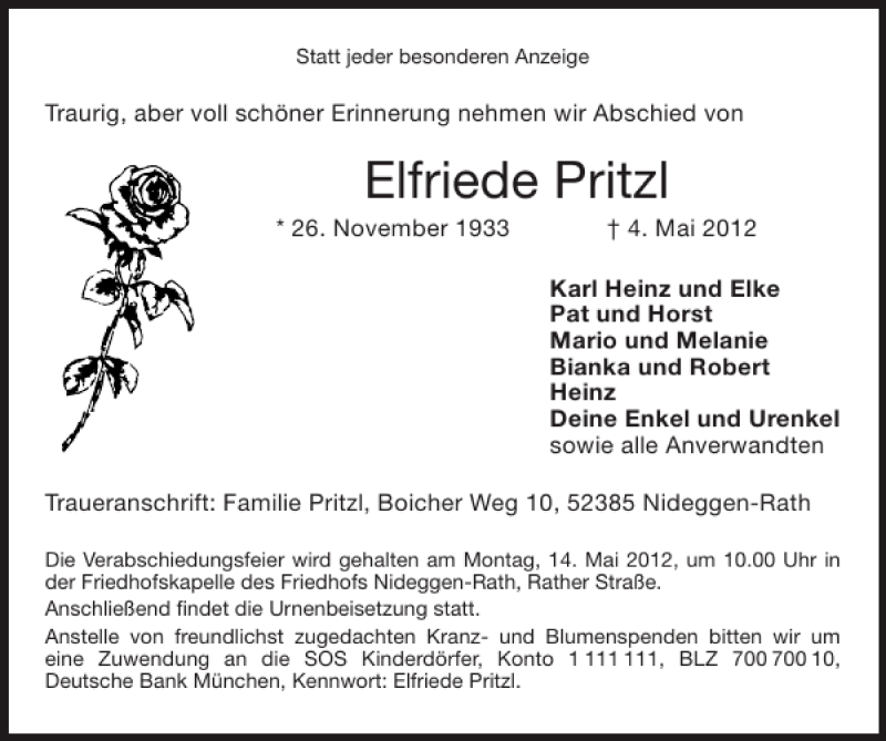 Traueranzeige für Elfriede Pritzl vom 13.05.2012 aus Super Sonntag / Super Mittwoch