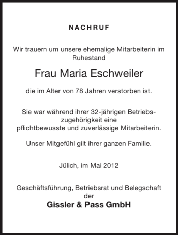 Traueranzeige von Frau Maria Eschweiler von Aachener Zeitung / Aachener Nachrichten