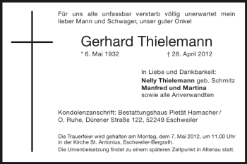 Traueranzeige von Gerhard Thielemann von Super Sonntag / Super Mittwoch