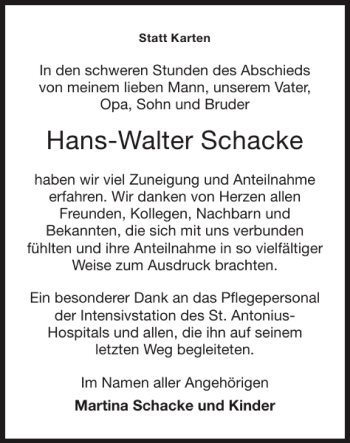 Traueranzeige von Hans-Walter Schacke von Super Sonntag / Super Mittwoch