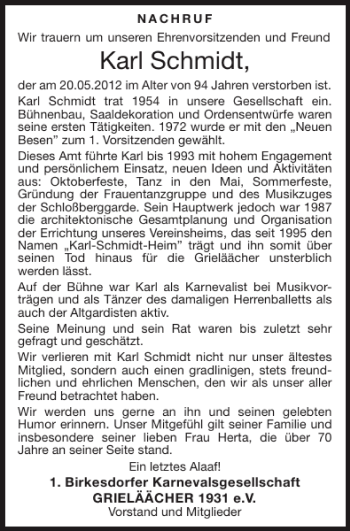 Traueranzeige von Karl Schmidt von Super Sonntag / Super Mittwoch