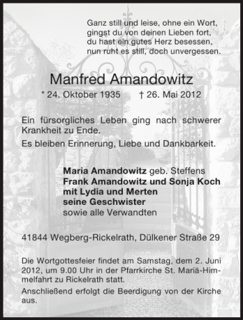 Traueranzeige von Manfred Amandowitz von Aachener Zeitung / Aachener Nachrichten