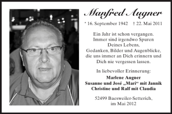 Traueranzeige von Manfred Augner von Super Sonntag / Super Mittwoch