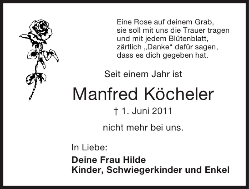  Traueranzeige für Manfred Köcheler vom 27.05.2012 aus Super Sonntag / Super Mittwoch