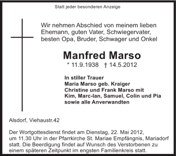 Traueranzeige von Manfred Marso von Super Sonntag / Super Mittwoch