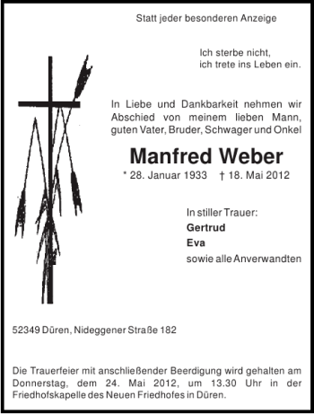 Traueranzeige von Manfred Weber von Aachener Zeitung / Aachener Nachrichten