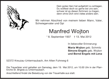 Traueranzeige von Manfred Wojton von Aachener Zeitung / Aachener Nachrichten