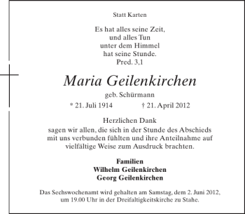 Traueranzeige von Maria Geilenkirchen von Aachener Zeitung / Aachener Nachrichten