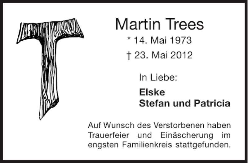 Traueranzeige für Martin Trees vom 26.05.2012 aus Aachener Zeitung / Aachener Nachrichten