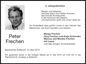 Traueranzeige von Peter Frechen von Super Sonntag / Super Mittwoch