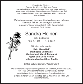 Traueranzeige von Sandra Heinen von Super Sonntag / Super Mittwoch