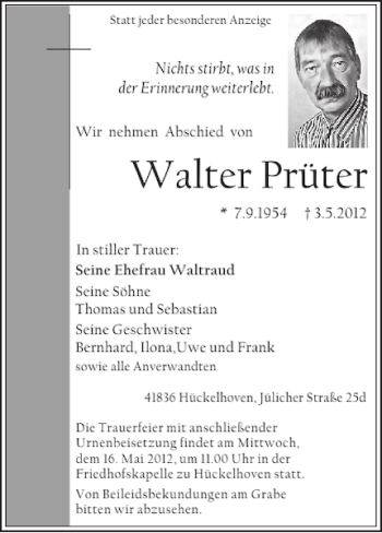Traueranzeige von Walter Prüter von Super Sonntag / Super Mittwoch