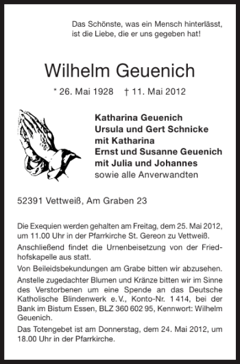 Traueranzeige von Wilhelm Geuenich von Super Sonntag / Super Mittwoch