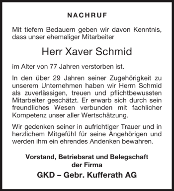 Traueranzeige von Xaver Schmid von Aachener Zeitung / Aachener Nachrichten