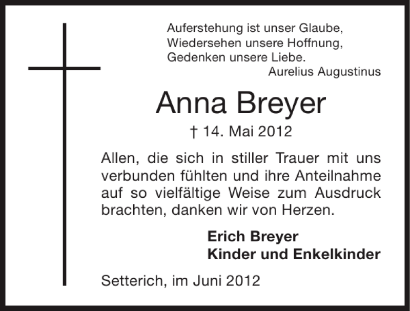  Traueranzeige für Anna Breyer vom 27.06.2012 aus Super Sonntag / Super Mittwoch