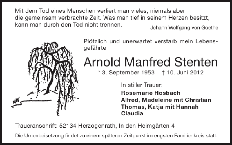  Traueranzeige für Arnold Manfred Stenten vom 24.06.2012 aus Super Sonntag / Super Mittwoch