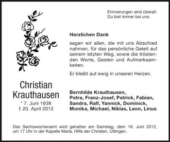 Traueranzeige von Christian Krauthausen von Super Sonntag / Super Mittwoch