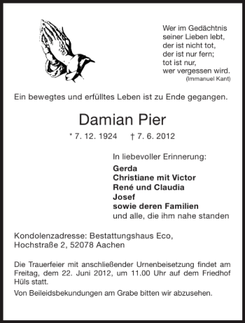 Traueranzeige von Damian Pier von Aachener Zeitung / Aachener Nachrichten
