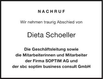 Traueranzeige von Dieta Schoeller von Aachener Zeitung / Aachener Nachrichten