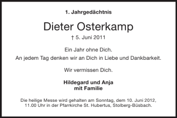 Traueranzeige von Dieter Osterkamp von Super Sonntag / Super Mittwoch