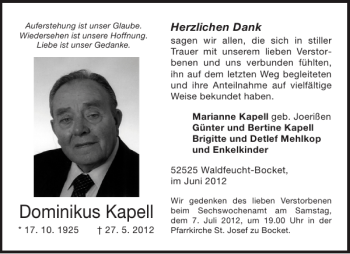 Traueranzeige von Dominikus Kapell von Aachener Zeitung / Aachener Nachrichten