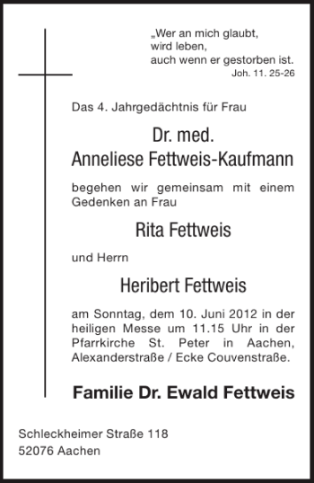 Traueranzeige von Dr. med.Anneliese Fettweis-Kaufmann Rita Fettweis Heribert Fettweis  von Aachener Zeitung / Aachener Nachrichten