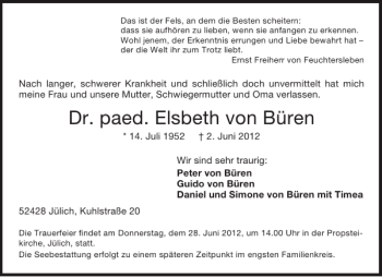 Traueranzeige von Dr. paed. Elsbeth von Büren von Aachener Zeitung / Aachener Nachrichten